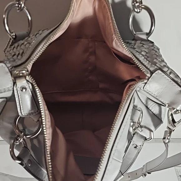 Coach Kristen Woven Round Leather Satchel $498 Authentic Gray/Silver VGUC - Picture 7 of 16
